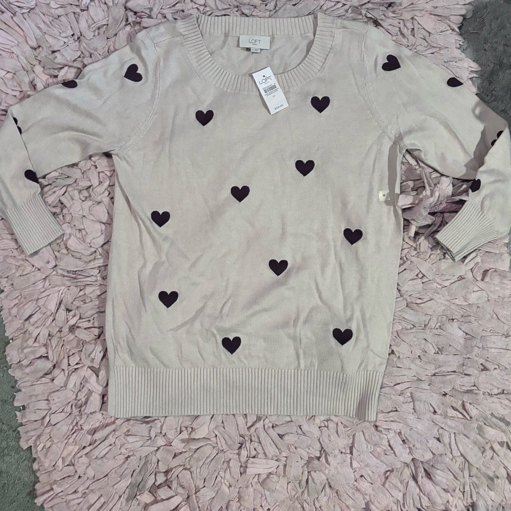 LOFT Ivory Sweater with Dark Heart Patterns